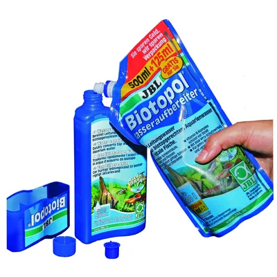 Recarga JBL Biotopol 500 ml + 125 ml grátis a ser vertida em frasco. Texto visível: 'Biotopol', 'Aloe Vera', indicado para aquários de água doce até 2000 l.