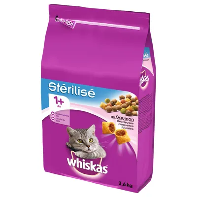 Whiskas Stérilisé 1+ au Saumon, tørfoder til steriliserede katte, 3,6 kg. Synligt billede af foderpiller og tekst: Délicieuses croquettes fourrées. Fransk tekst på emballagen.
