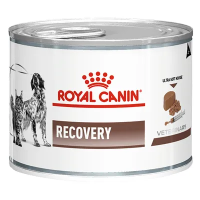 Lattina Royal Canin Recovery, testo visibile: 'ULTRA SOFT MOUSSE', 'VETERINARY', immagini di cane e gatto, mousse e siringa.