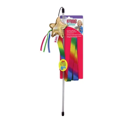 KONG Cat Wand με χρυσό αστέρι και πολύχρωμες κορδέλες. Σημείωση: μήκος κορδέλας πάνω από 8 πόδια. Η συσκευασία δείχνει λεπτομέρειες προϊόντος.