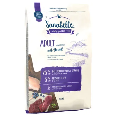 Sanabelle Adult with ostrich, 25% poultry meat & ostrich, 5% fresh liver, gluten-free grains, for adult cats from 12 months, 10 kg pack.