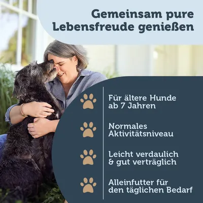 Texte en allemand : Für ältere Hunde ab 7 Jahren, Normales Aktivitätsniveau, Leicht verdaulich & gut verträglich, Alleinfutter für den täglichen Bedarf.