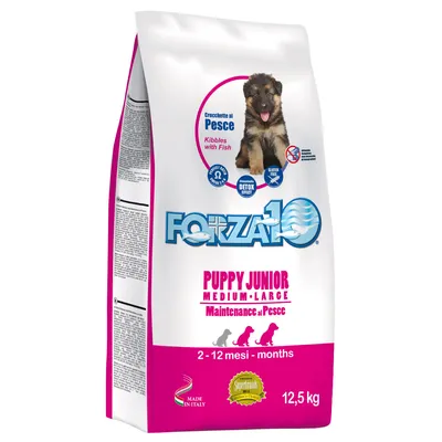 Sac Forza10 Puppy Junior Medium-Large Maintenance al Pesce, croquettes au poisson, 2–12 mois, 12,5 kg, sans gluten, made in Italy, texte en italien et anglais visible sur l’emballage.