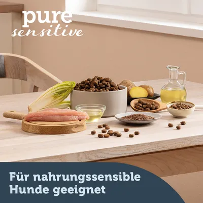 pure sensitive. Für nahrungssensible Hunde geeignet. Zutaten: Chicorée, Hühnerfilet, Kartoffeln, Leinsamen, Öl und Trockenfutter.