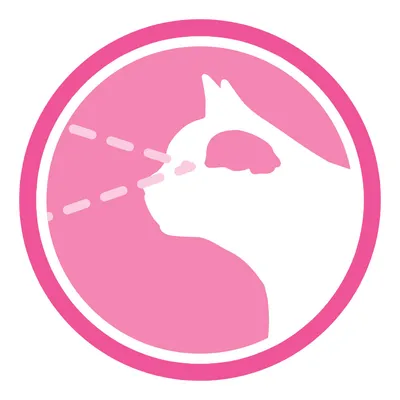 Pink and white icon showing a cat's head in profile with dashed lines extending from the nose, inside a pink circle. No text visible.