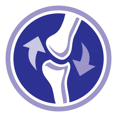 Icon showing two white bones forming a joint with two curved arrows around them on a blue circular background