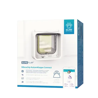 SureFlap Mikrochip kattelem Connect. DualScan-teknologi for kontrolleret adgang. Styring via smartphone-app. Forhindrer indtrængen af fremmede dyr.