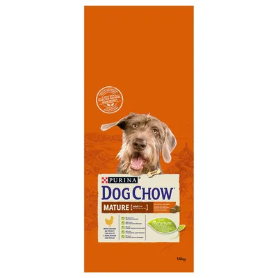 Purina Dog Chow Mature z kurczakiem, Naturnium, 14 kg. Widoczny wizerunek psa i informacje: wybrane naturalne składniki, dla dorosłych psów powyżej 5 lat.