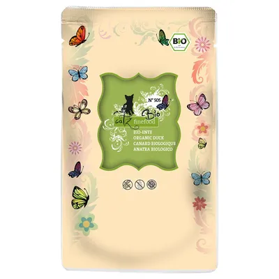 catz finefood Bio N°505, BIO-ENTE, ORGANIC DUCK, CANARD BIOLOGIQUE, ANATRA BIOLOGICO. Pakkaus, jossa näkyy BIO-merkki ja kolme symbolia alareunassa.