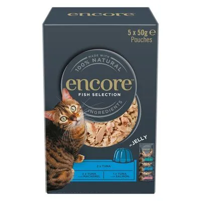 Encore Fish Selection kattenvoer in jelly, 5 x 50g zakjes. 2x tonijn, 2x tonijn met makreel, 1x tonijn met zalm. 100% natuurlijke ingrediënten staat zichtbaar op de verpakking.