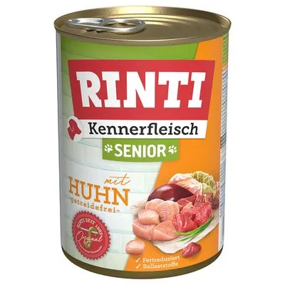 RINTI Kennerfleisch Senior mit Huhn, getreidefrei. Tekst op blik: fettreduziert, ballaststoffe. Afbeelding van vlees en groenten op het etiket.