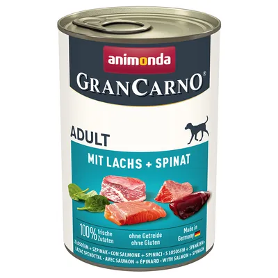 Консерва Animonda GranCarno Adult, MIT LACHS + SPINAT, 100% frische Zutaten, ohne Getreide ohne Gluten, Made in Germany. Изображения на месо, сьомга и спанак на етикета.