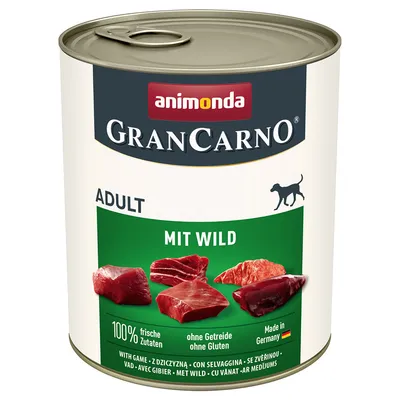 animonda GranCarno ADULT MIT WILD tin, 100% frische Zutaten, ohne Getreide ohne Gluten, Made in Germany. Image shows chunks of raw meat and a dog icon on the label.
