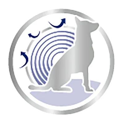 Силуэт собаки с круговыми линиями и стрелками на фоне, без текста или бренда