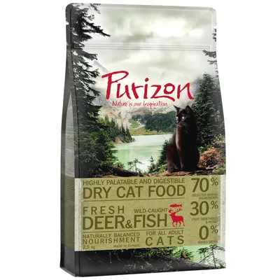 Purizon Nature is our Inspiration tørfoder til kat, 2,5 kg. 70 % animalske ingredienser, 30 % frugt/grøntsager/urter, frisk vildtkød og fisk, 0 % tilsat korn. Made in Europe.