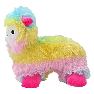 Plush toy shaped like a colourful llama with yellow, pink and blue fur and pink feet.