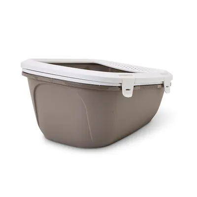 Braune Katzentoilette mit weissem Deckel und seitlichen Verschlüssen, modernes Design für hygienische Nutzung.