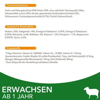 Состав, аналитические компоненты и добавки корма для взрослых животных: белок 35 %, жир 14 %, витамины A, D₃, E, микроэлементы. Текст на немецком языке.
