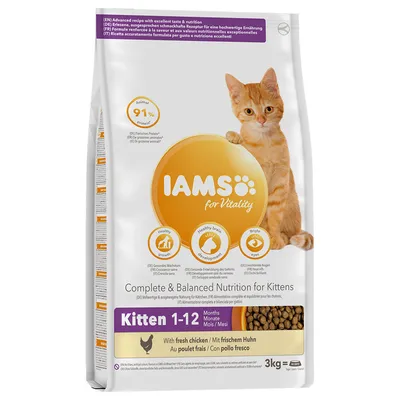Sac IAMS for Vitality pour chatons, 3 kg, 91 % protéines animales, au poulet frais, pour chatons de 1 à 12 mois. Texte visible : croissance saine, développement cérébral, yeux brillants.
