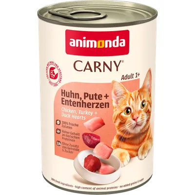 animonda CARNY Adult 1+, kanaa, kalkkunaa + ankan sydämiä. 100 % tuoreita ainesosia, korkea eläinproteiinipitoisuus, ilman viljan ja sokerin lisäystä. animonda CARNY Adult 1+, kanaa, kalkkunaa + ankan sydämiä. 100 % tuoreita ainesosia, korkea eläinproteiinipitoisuus, ilman viljan ja sokerin lisäystä.