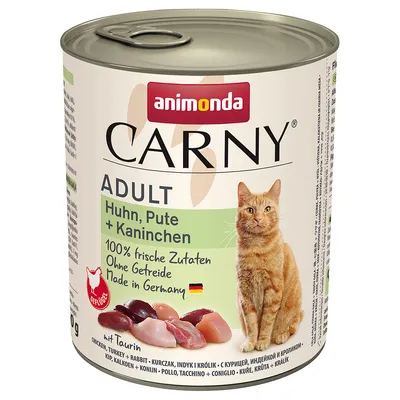 Animonda Carny Adult kylling, kalkun + kanin. 100% friske ingredienser, uden korn, Made in Germany. Med taurin. Billede af kødstykker og en kat.