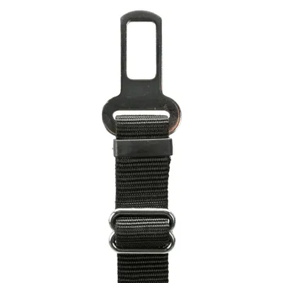 Black metal safety belt adapter with adjustable nylon strap and two metal loops.