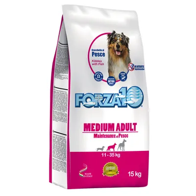 Sac Forza10 Medium Adult Maintenance al Pesce, 15 kg, pour chiens 11–35 kg. Texte visible : Kibbles with Fish, sans gluten, sans antibiotiques, Made in Italy.