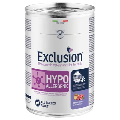 Exclusion Hypoallergenic Monoprotein Veterinary Diet Formula. Tillverkad i Italien. För alla hundraser, vuxna. Smak: vildsvin och potatis.
