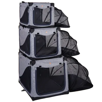 Drei faltbare Transportboxen aus grauem Stoff mit schwarzen Netzfenstern und Reissverschlüssen, stapelbar dargestellt.