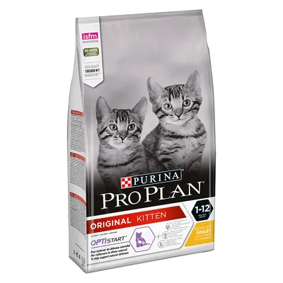 Purina Pro Plan Original Kitten 1–12 miesięcy, bogata w kurczaka. Widoczne dwa koty, oznaczenie Optistart, tekst: high quality chicken nr 1 ingredient, brak dodatku sztucznych barwników.