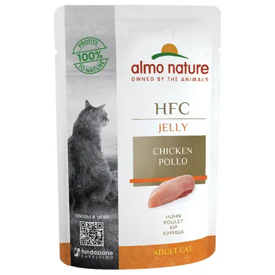 Almo Nature HFC Jelly Adult Cat z kurczakiem. Opakowanie przedstawia kawałek mięsa z kurczaka, napis '100% Profits to Nature' oraz kod QR do dalszych informacji.