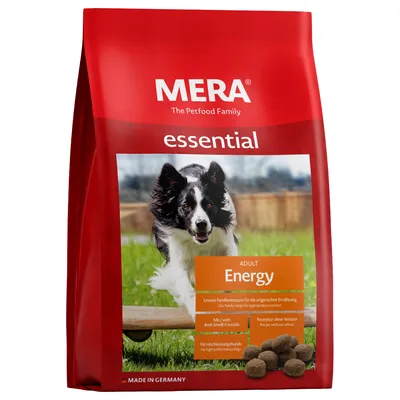 MERA essential Adult Energy. Receptura bez pšenice, s Anti-Smell-Formula, pro výkonné psy. Vyrobeno v Německu.