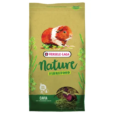 Versele-Laga Nature Fibrefood Cavia, High Fibre, Futter für Meerschweinchen, 2,75 kg. Illustration eines Meerschweinchens und Zutaten wie Heu und Gemüse sichtbar.