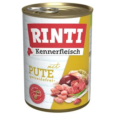 Blik Rinti Kennerfleisch mit Pute getreidefrei, afbeelding van stukjes vlees en orgaanvlees op de voorkant. Tekst: 'Seit 1987 Original'.