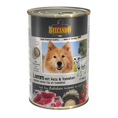 Boîte Belcando Dog Food, agneau avec riz et tomates, 400 g. Texte visible : Super Premium Quality, Made in Germany, avec graines de chia. Images d’un chien, viande, riz, tomates.
