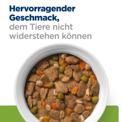 Texte en allemand : Hervorragender Geschmack, dem Tiere nicht widerstehen können. Bol de nourriture humide avec morceaux de viande, carottes, pois et céréales visibles.