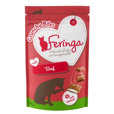 Confezione Feringa Crunchy Bites with Beef, 30 g, testo visibile: Mit viel Liebe wie hausgemacht!, anti-hairball. Immagine di snack croccanti e sagoma di gatto.
