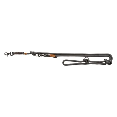Grey dog lead made of durable rope material with metal carabiner and leather details, adjustable for different lengths.