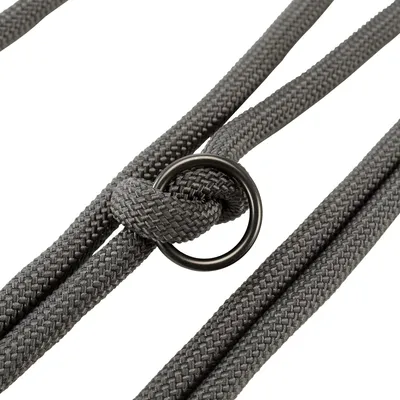 Grey braided rope with metal ring, close-up of the knot.