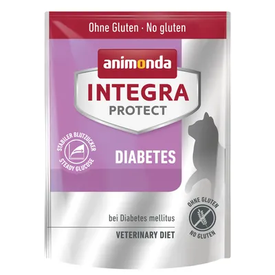 animonda INTEGRA PROTECT DIABETES, zonder gluten, stabiele bloedsuiker, bij Diabetes mellitus, VETERINARY DIET. Tekst deels in het Duits en Engels.