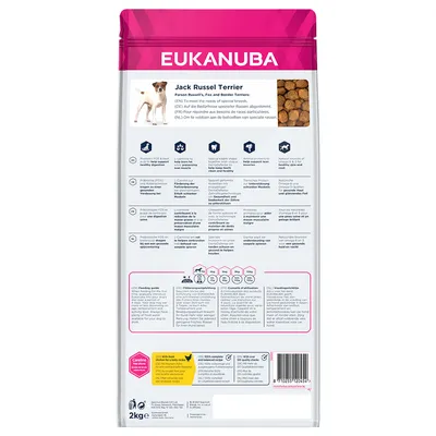 Back of Eukanuba Jack Russel Terrier food bag showing feeding guide, product features, nutritional information, and recommended daily amounts in multiple languages.