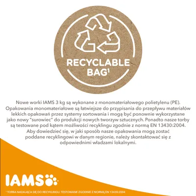 RECYCLABLE BAG¹. Nowe worki IAMS 3 kg z monomateriałowego polietylenu, testowane pod kątem recyklingu zgodnie z normą EN 13430:2004. IAMS. *Torba nadająca się do recyklingu.