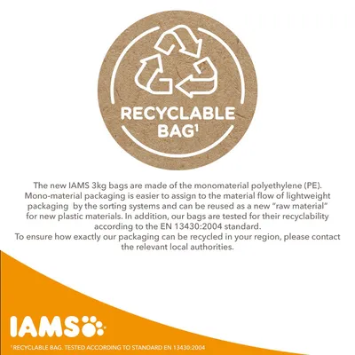 RECYCLABLE BAG¹. IAMS. ¹ RECYCLABLE BAG. TESTED ACCORDING TO STANDARD EN 13430:2004 (κείμενο στα αγγλικά).