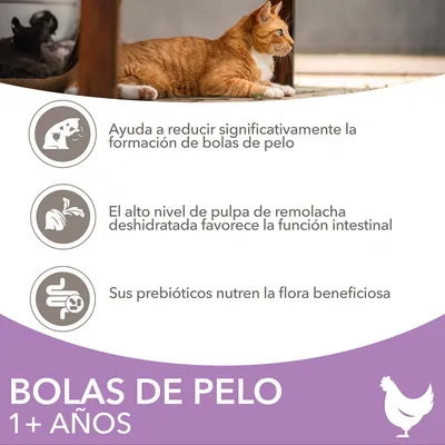 Bolas de pelo 1+ años. Ayuda a reducir bolas de pelo, pulpa de remolacha favorece la función intestinal, prebióticos nutren la flora beneficiosa.