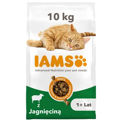 Karma IAMS z jagnięciną dla kotów, 10 kg, 1+ lat. Na opakowaniu pomarańczowy kot, napis: Advanced Nutrition your pet needs, 100% Complete & Balanced Nutrition.