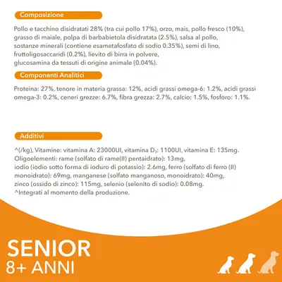 Composizione: pollo e tacchino disidratati 28 %, orzo, mais, pollo fresco 10 %, grasso di maiale, polpa di barbabietola 2,5 %. Componenti analitici: proteina 27 %, grassi 12 %. Senior 8+ anni.