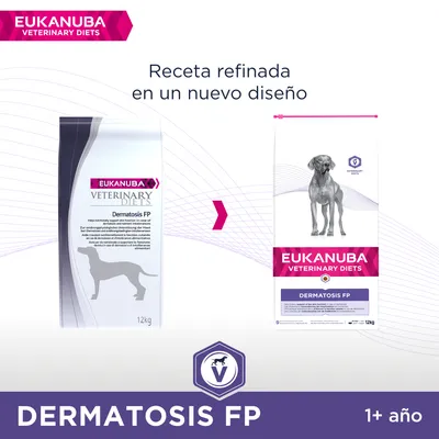 Comparativa de dos envases de Eukanuba Veterinary Diets Dermatosis FP 12 kg para perros, con texto: Receta refinada en un nuevo diseño. Indicado para perros de 1+ año.