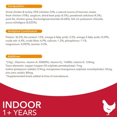 Σύνθεση: αποξηραμένο κοτόπουλο & γαλοπούλα 39 %, πρωτεΐνη 36,5 %, λιπαρά 12 %, ίνες 6,9 %, βιταμίνες A, D₃, E, ιχνοστοιχεία. INDOOR 1+ YEARS εμφανίζεται στο κάτω μέρος.