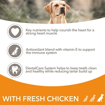 Key nutrients for heart health, antioxidant blend with vitamin E for immune support, DentalCare System for clean teeth and reduced tartar. With fresh chicken.