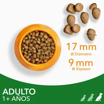 Pienso para perros adultos 1+ años, croquetas de 17 mm de diámetro y 9 mm de espesor, mostrado en cuenco naranja y detalle de tamaño de croquetas.